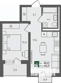 1-к квартира, строящийся дом, 42м2, 4/4 этаж