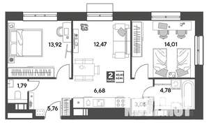 2-к квартира, строящийся дом, 62м2, 4/15 этаж