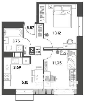 2-к квартира, строящийся дом, 44м2, 8/15 этаж