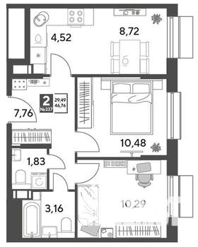 2-к квартира, строящийся дом, 47м2, 13/15 этаж