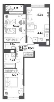 2-к квартира, строящийся дом, 62м2, 7/9 этаж