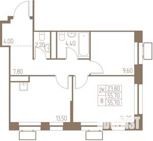 2-к квартира, строящийся дом, 56м2, 13/25 этаж