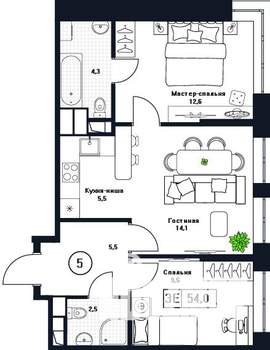 2-к квартира, вторичка, 54м2, 6/17 этаж