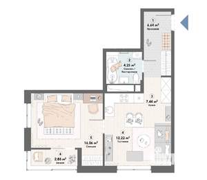 1-к квартира, строящийся дом, 49м2, 14/23 этаж