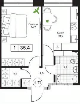 1-к квартира, вторичка, 35м2, 9/17 этаж