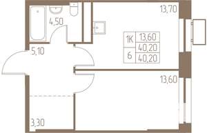 1-к квартира, строящийся дом, 40м2, 3/25 этаж