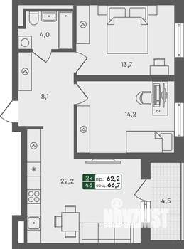 2-к квартира, строящийся дом, 67м2, 4/4 этаж