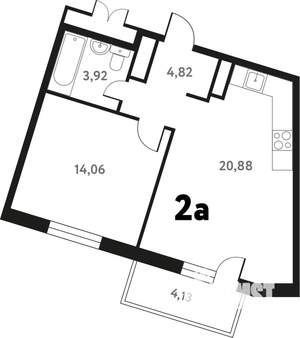 2-к квартира, строящийся дом, 44м2, 13/17 этаж