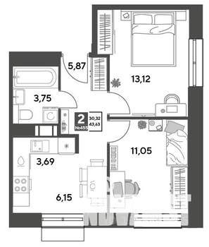 2-к квартира, строящийся дом, 44м2, 13/15 этаж