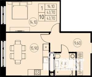 1-к квартира, строящийся дом, 44м2, 14/18 этаж