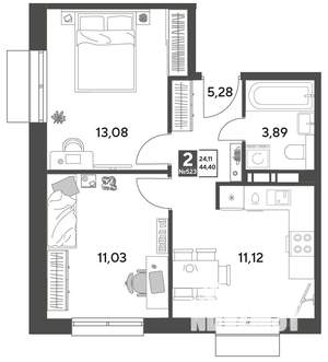 2-к квартира, строящийся дом, 44м2, 11/15 этаж