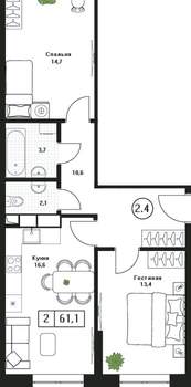 2-к квартира, вторичка, 61м2, 4/17 этаж