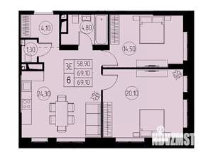 3-к квартира, строящийся дом, 69м2, 6/23 этаж