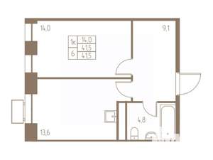 1-к квартира, строящийся дом, 42м2, 23/25 этаж