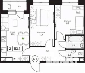 2-к квартира, вторичка, 53м2, 12/17 этаж
