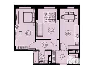 3-к квартира, строящийся дом, 65м2, 6/23 этаж