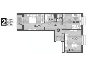 2-к квартира, строящийся дом, 67м2, 3/15 этаж