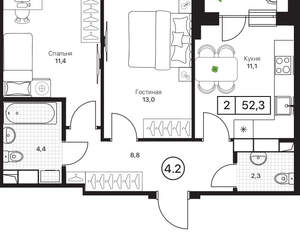 2-к квартира, вторичка, 52м2, 10/17 этаж