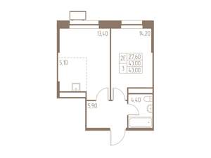 2-к квартира, строящийся дом, 43м2, 3/25 этаж