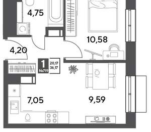 1-к квартира, строящийся дом, 36м2, 4/15 этаж