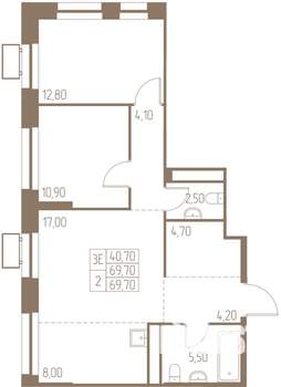 3-к квартира, строящийся дом, 70м2, 2/25 этаж