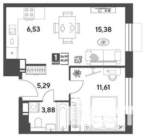 1-к квартира, строящийся дом, 43м2, 15/15 этаж