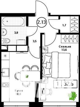 1-к квартира, вторичка, 33м2, 12/13 этаж
