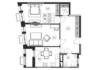 2-к квартира, вторичка, 63м2, 16/21 этаж