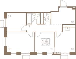 3-к квартира, строящийся дом, 72м2, 5/25 этаж