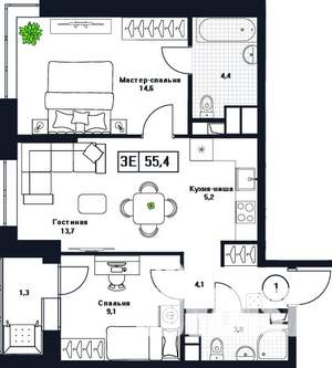 2-к квартира, вторичка, 55м2, 6/17 этаж