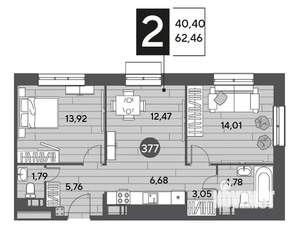 2-к квартира, строящийся дом, 62м2, 9/15 этаж