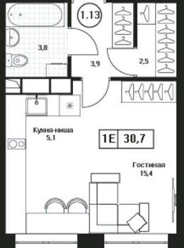 1-к квартира, вторичка, 31м2, 7/17 этаж