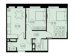 2-к квартира, строящийся дом, 54м2, 3/23 этаж