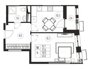 1-к квартира, вторичка, 39м2, 13/21 этаж