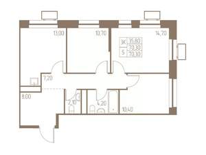 3-к квартира, строящийся дом, 70м2, 22/25 этаж