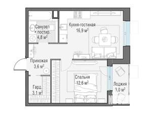 2-к квартира, строящийся дом, 43м2, 9/10 этаж