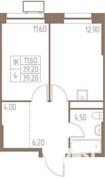 1-к квартира, строящийся дом, 39м2, 2/25 этаж