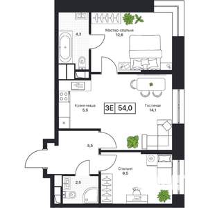 2-к квартира, вторичка, 54м2, 11/17 этаж