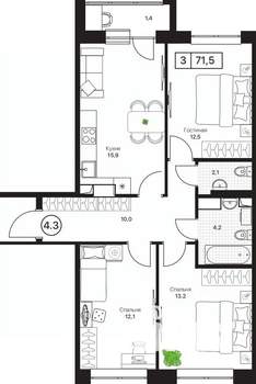 3-к квартира, вторичка, 72м2, 13/17 этаж