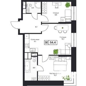 2-к квартира, вторичка, 54м2, 6/17 этаж