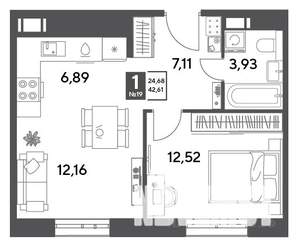 1-к квартира, строящийся дом, 43м2, 5/9 этаж