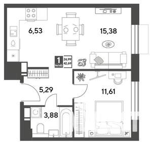 1-к квартира, строящийся дом, 43м2, 10/15 этаж