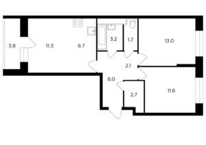 3-к квартира, строящийся дом, 60м2, 3/15 этаж