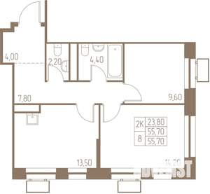 2-к квартира, строящийся дом, 56м2, 22/25 этаж