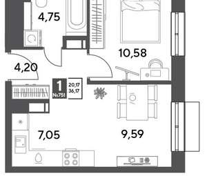 1-к квартира, строящийся дом, 36м2, 12/15 этаж