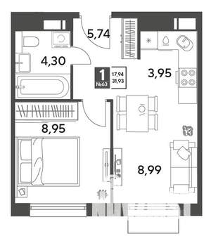 1-к квартира, строящийся дом, 32м2, 7/12 этаж