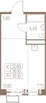 1-к квартира, строящийся дом, 30м2, 23/25 этаж