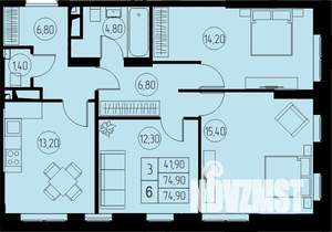 3-к квартира, строящийся дом, 75м2, 13/23 этаж