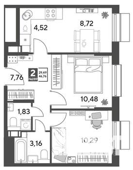 2-к квартира, строящийся дом, 47м2, 9/15 этаж
