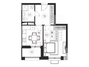 1-к квартира, вторичка, 37м2, 9/21 этаж